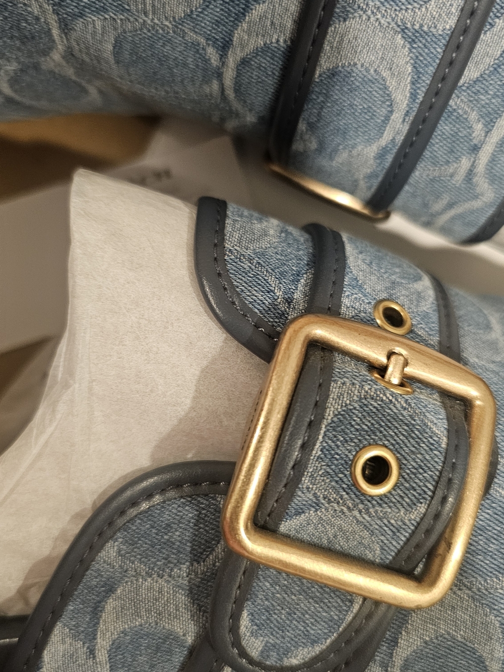Indigo Denim Logo Clog with Blue Trim and Gold Buckle - Picture 5 of 7